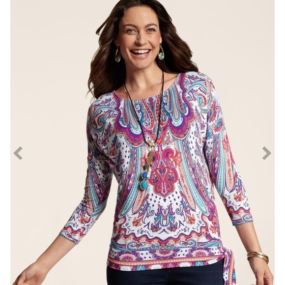 Chico's Tops - Chico’s 0 Boho, Paisley, Side Tie, Jersey Top